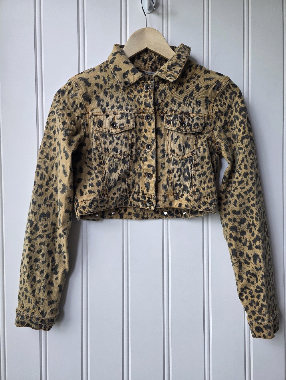 Dollhouse Cropped Leopard Print Denim Jacket Tan Black Small